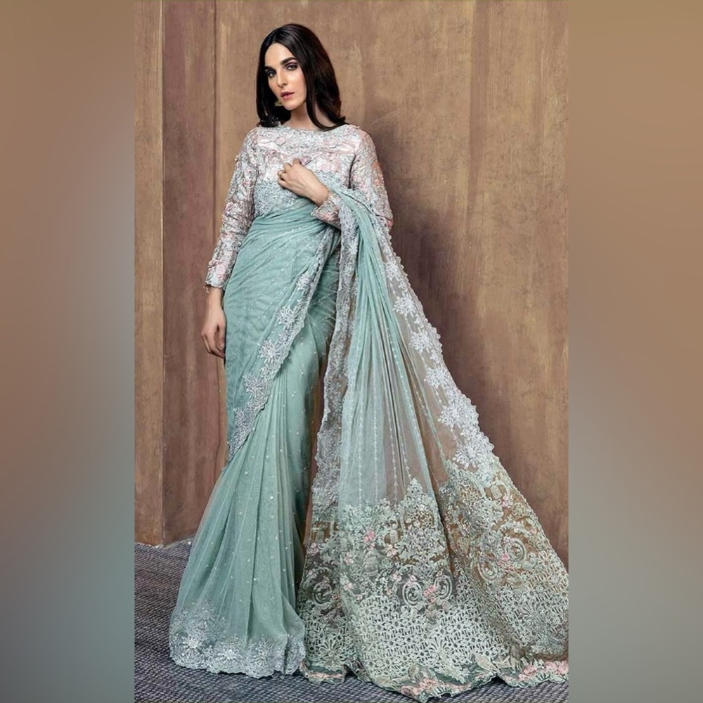 Elegant Pastel Green Embroidered Wedding Saree Dress